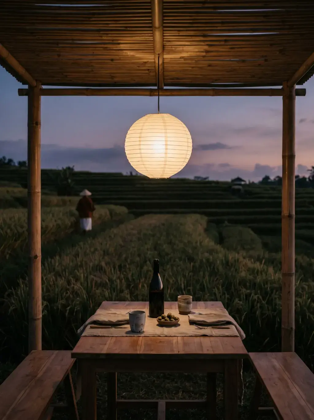 Table en bois sous abri de bambou avec lanterne japonaise allumée, bouteille et bols, face à des rizières en terrasses au crépuscule violet-rosé