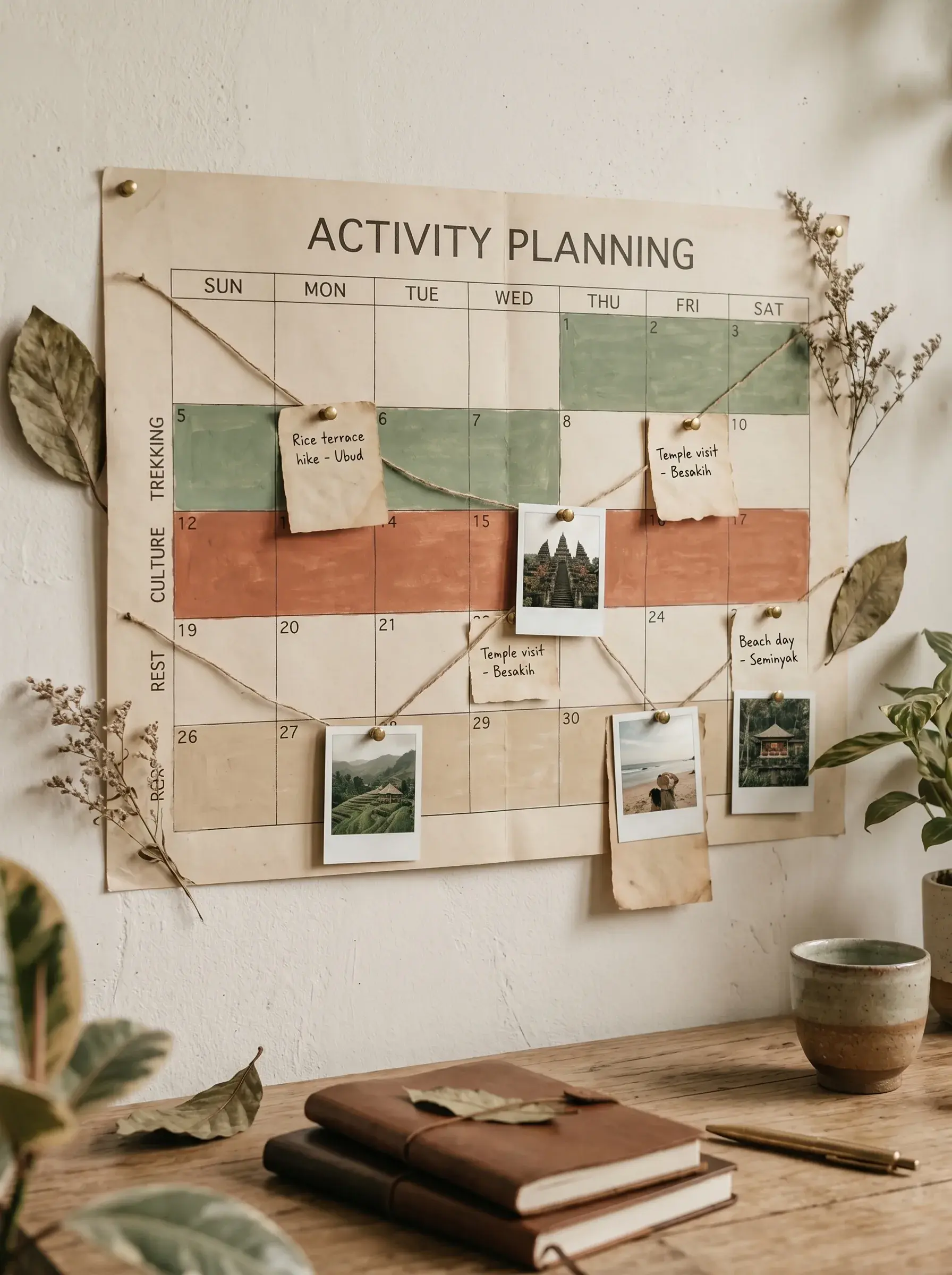 Tableau de planning d'activités pour Bali avec calendrier mensuel, photos polaroid de temples et plages, tasse et carnets en fond