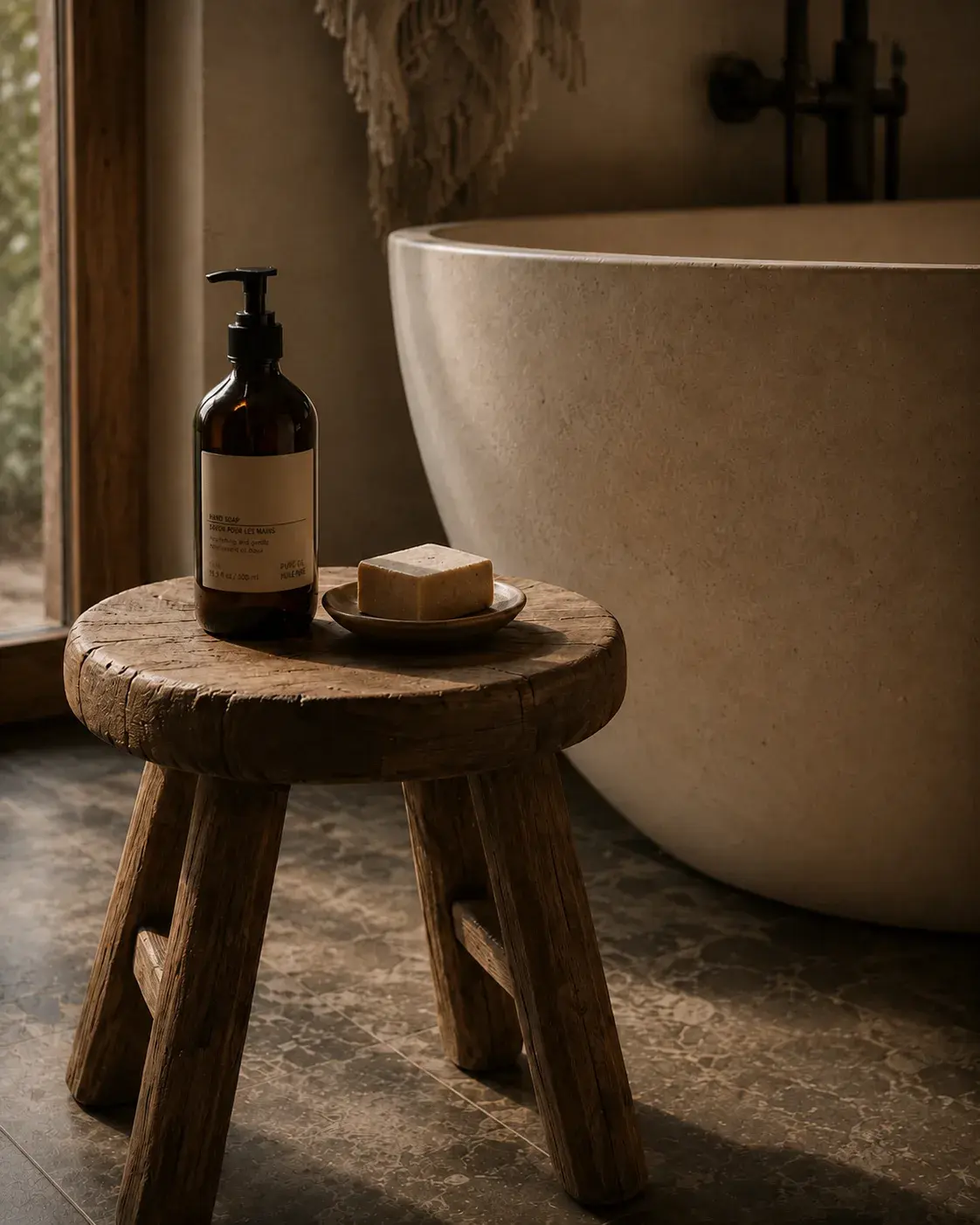 Tabouret en bois brut rustique avec bouteille pompe ambre et savon artisan en coupelle, détail salle de bain