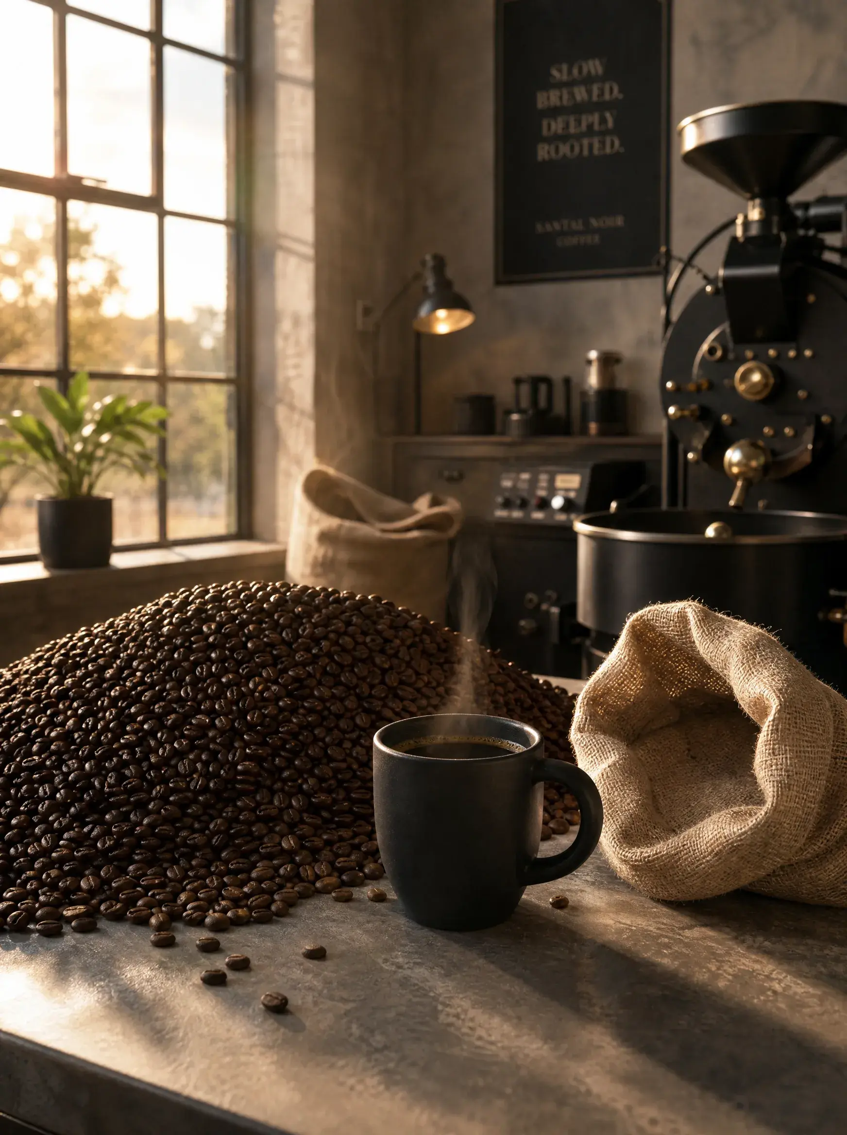 Tasse café fumante sur tas de grains – sac jute, torréfacteur industriel, fenêtre, lumière dorée