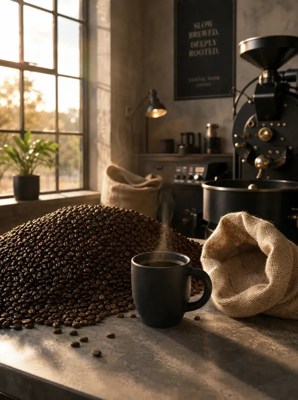 Tasse café fumante sur tas de grains – sac jute, torréfacteur industriel, fenêtre, lumière dorée