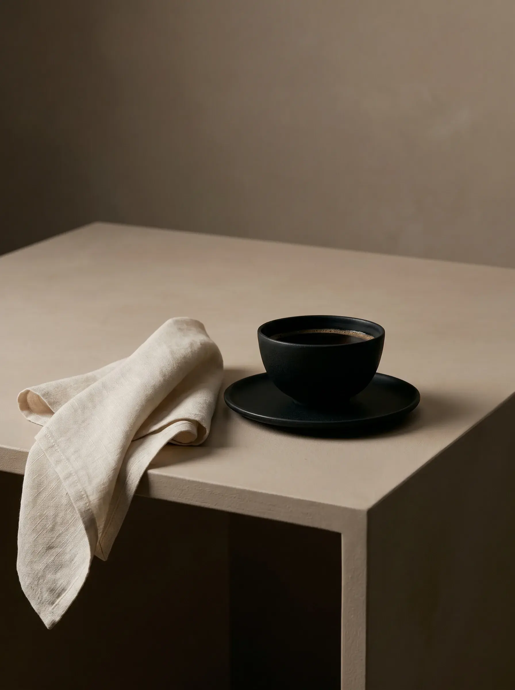 Tasse espresso céramique noire sur table travertin – serviette lin, fond taupe sombre, minimalisme