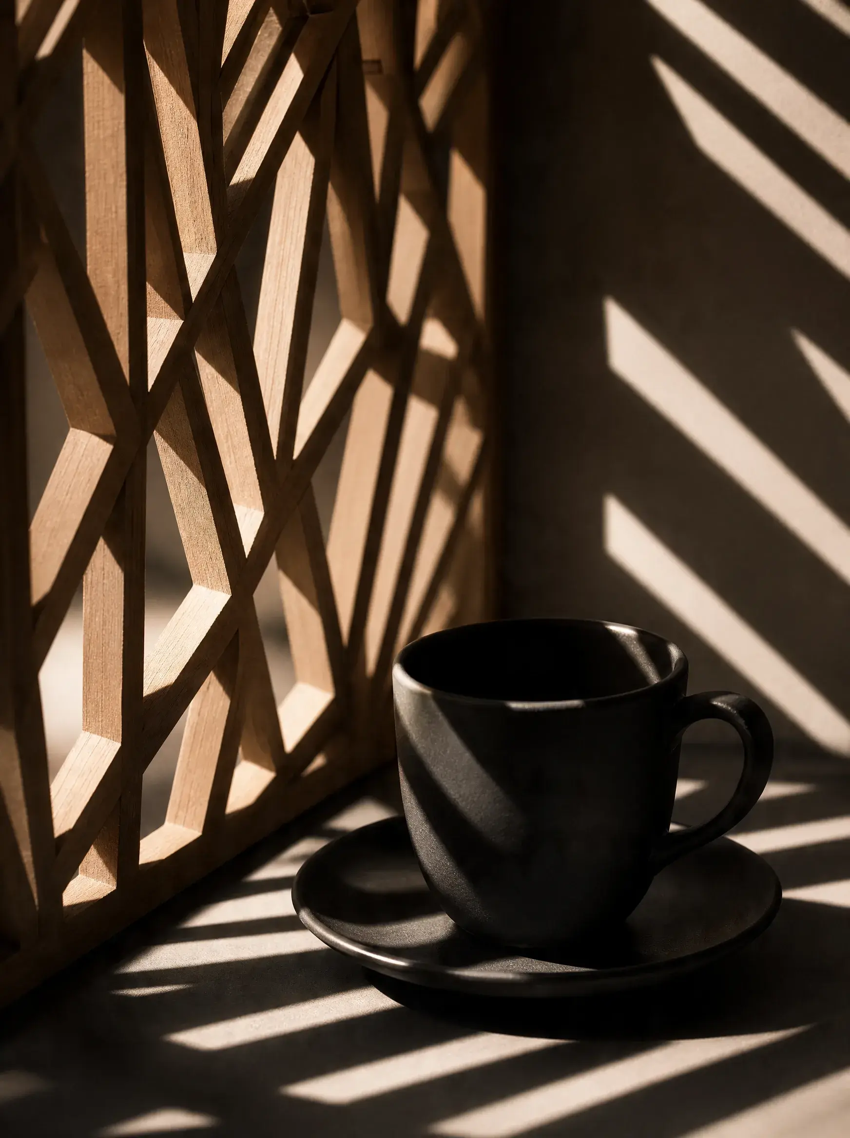 Tasse espresso noire sur soucoupe – claustra bois, ombres rayées graphiques, composition contrastée