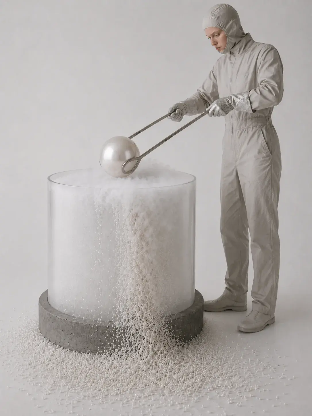 Technicien en combinaison intégrale extrayant une grande perle de son bain bouillonnant avec des pinces
