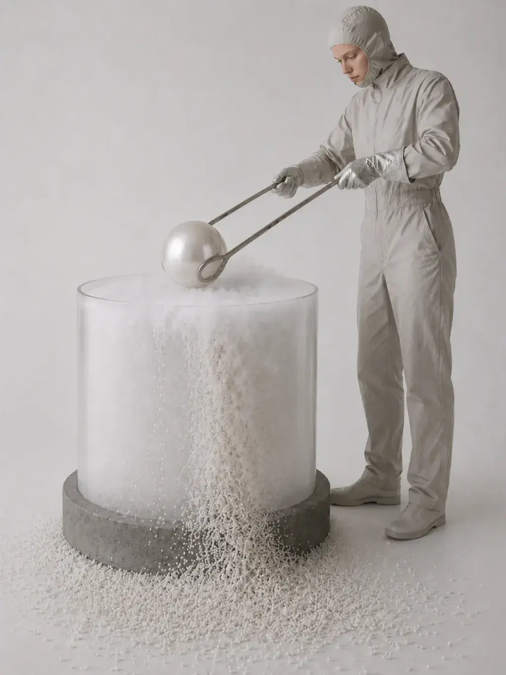 Technicien en combinaison intégrale extrayant une grande perle de son bain bouillonnant avec des pinces