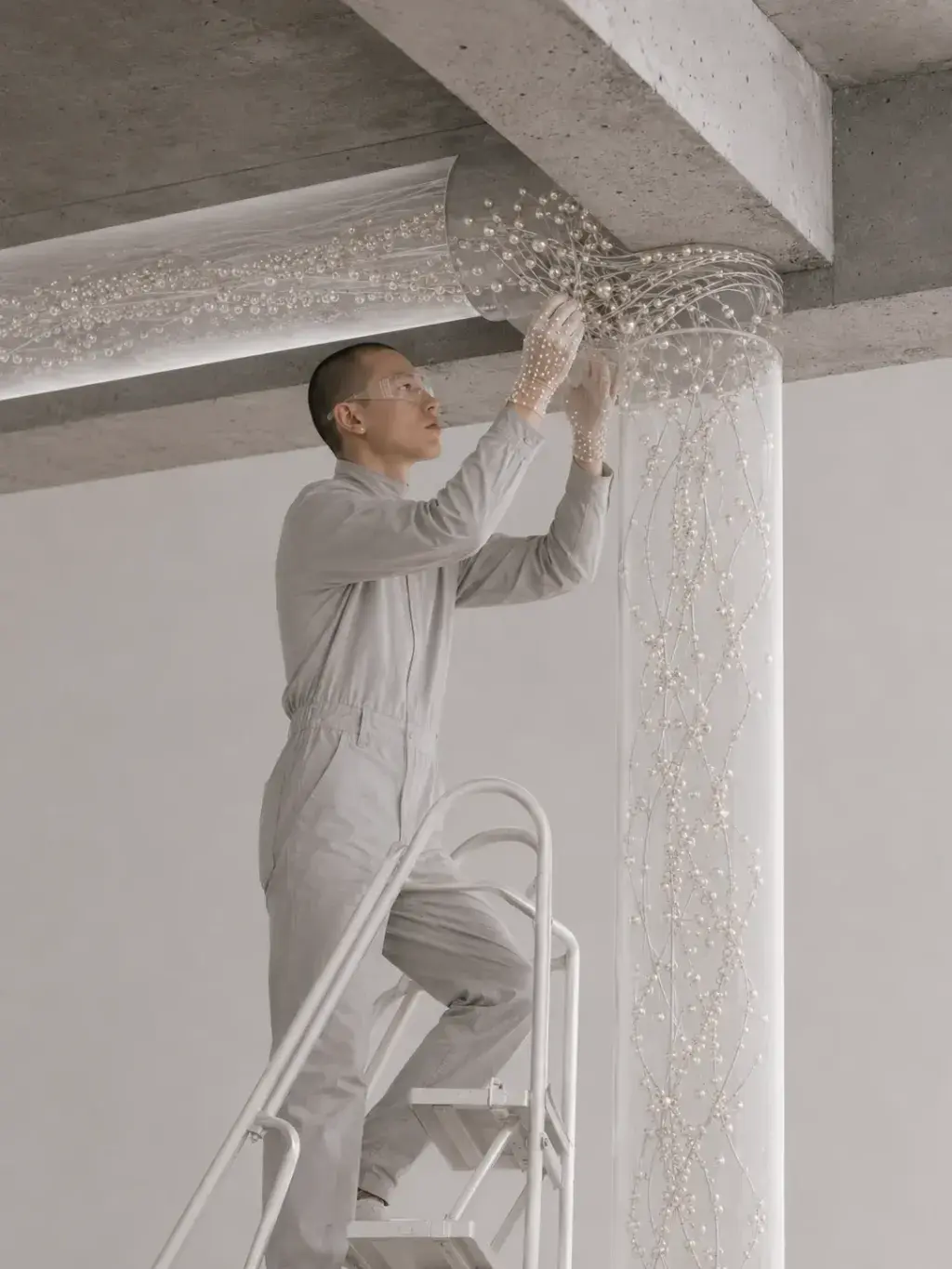 Technicien sur escabeau incrustant des perles à la jonction plafond-colonne d'un espace en béton