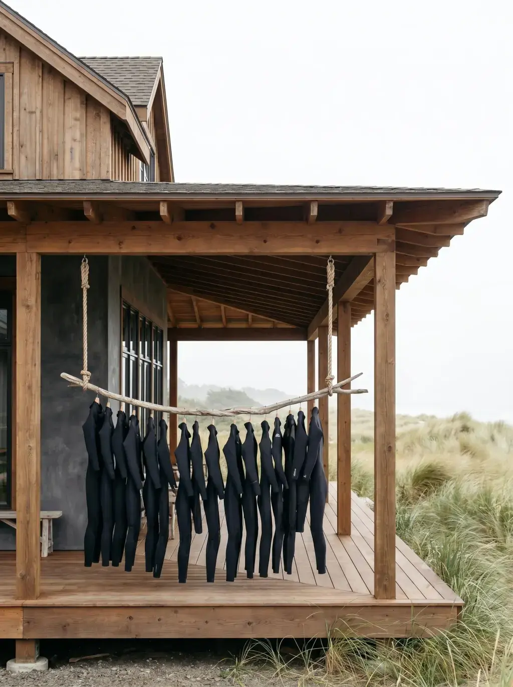 Terrasse d'une cabane de surf avec combinaisons séchant sur bois flotté