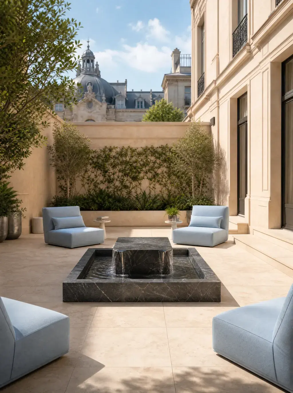Terrasse intérieure de résidence de luxe avec fontaine en marbre, fauteuils bleus et vue sur dôme parisien