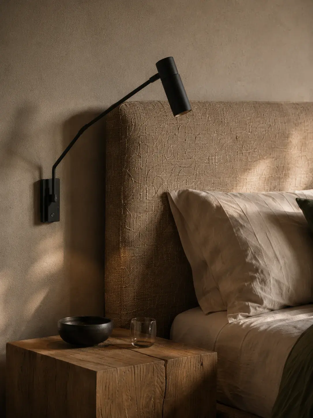 Tête de lit avec lampe de chevet allumée posée sur table de nuit en bois