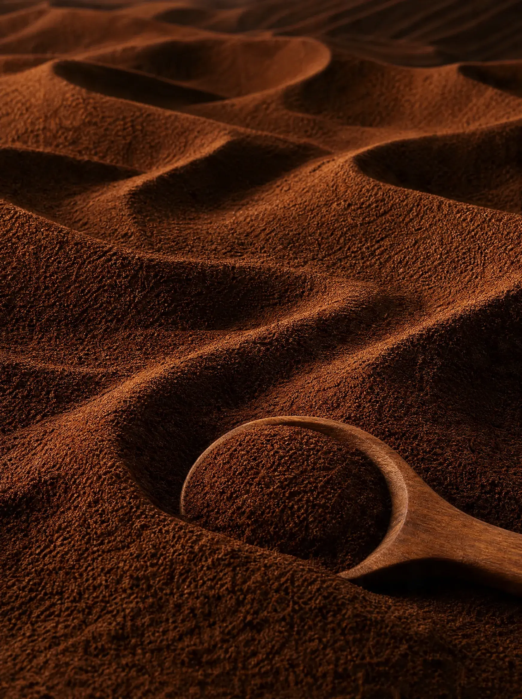 Texture dunes de café moulu – vagues et sillons, cuillère bois enfouie, abstrait brun