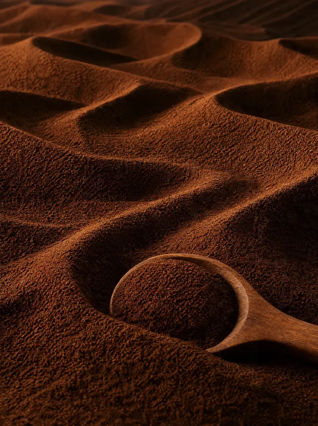 Texture dunes de café moulu – vagues et sillons, cuillère bois enfouie, abstrait brun