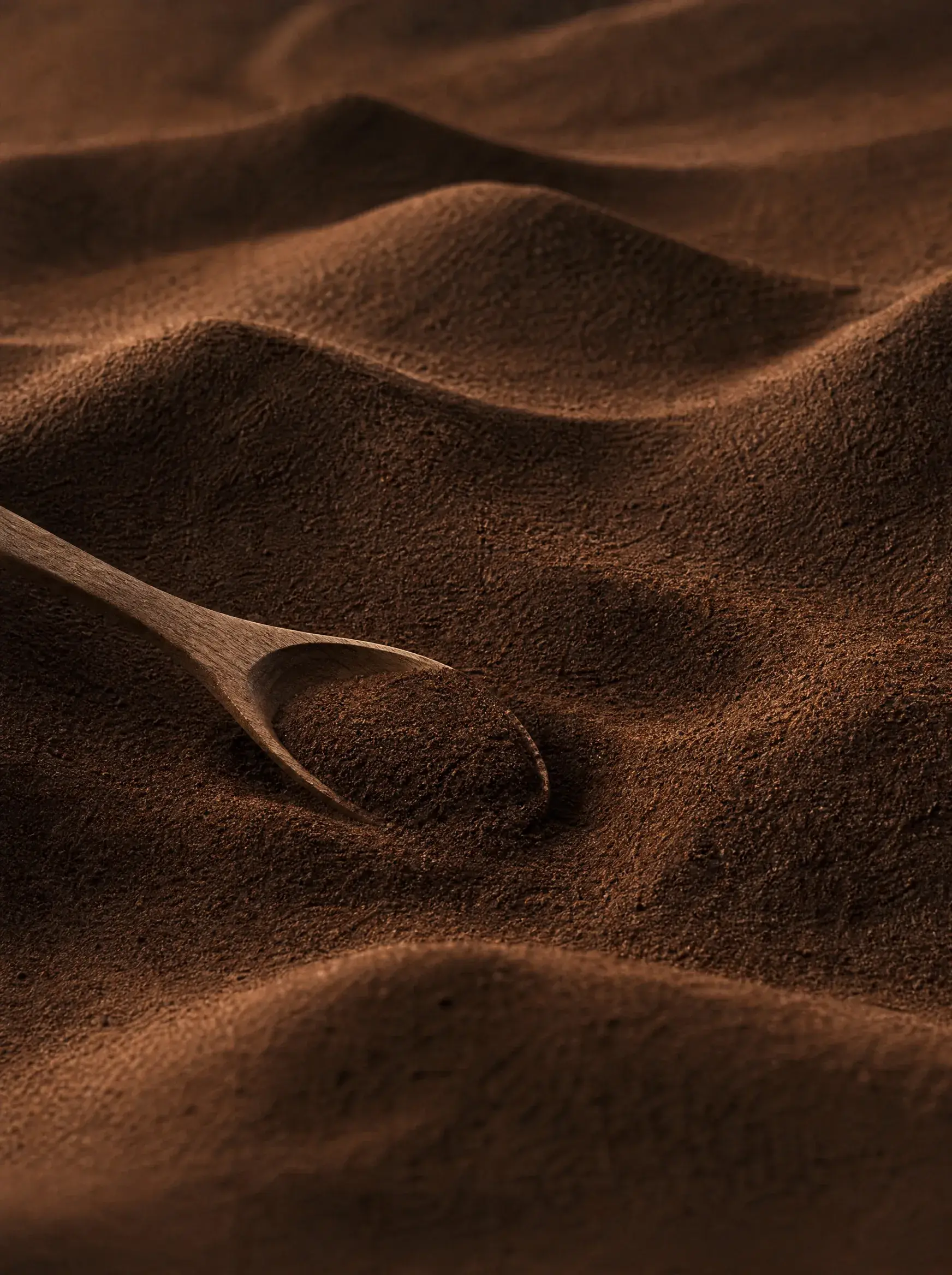 Texture dunes de café moulu vue rapprochée – cuillère bois enfouie, fond brun sombre
