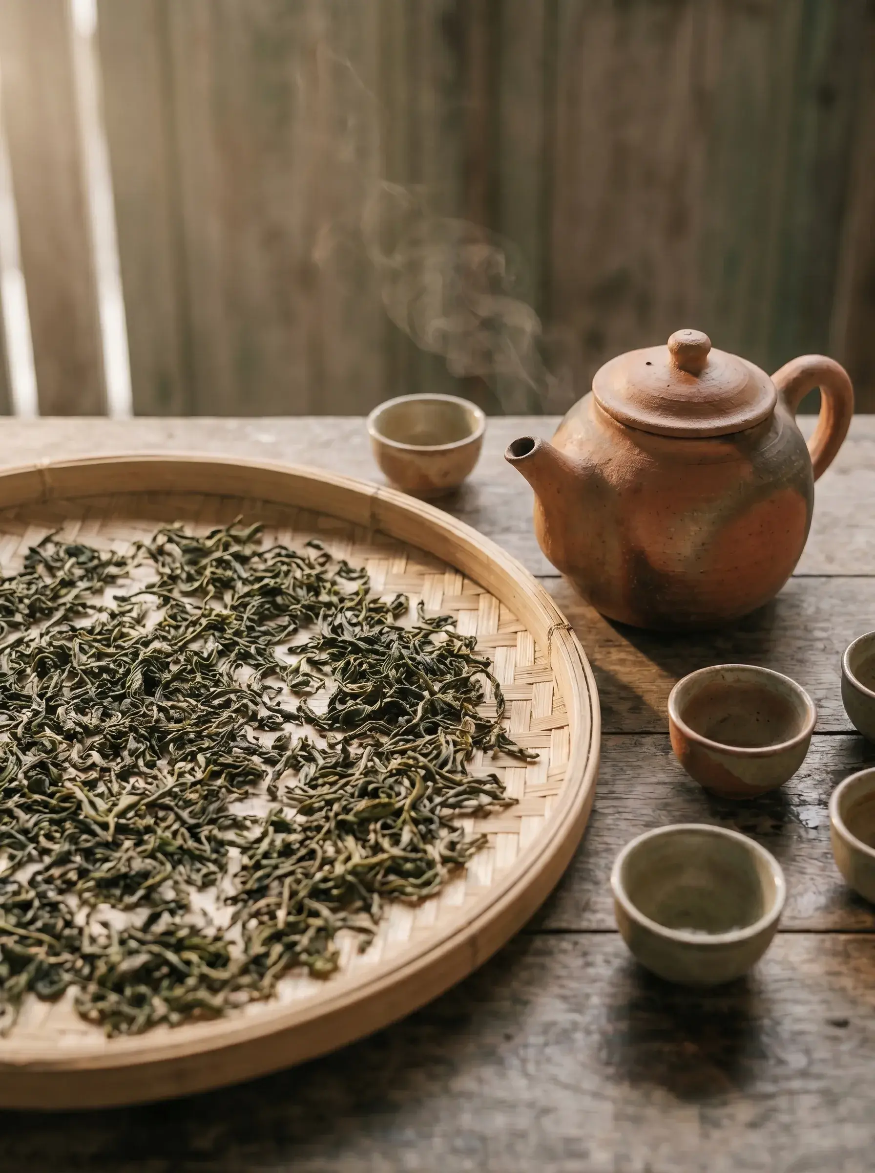 Thé en vrac et théière en terre cuite, gros plan matière artisanale