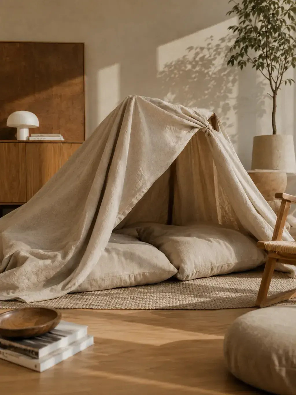 Tipi de draps en lin dans un salon minimaliste – décor cosy et chaleureux sans personnage