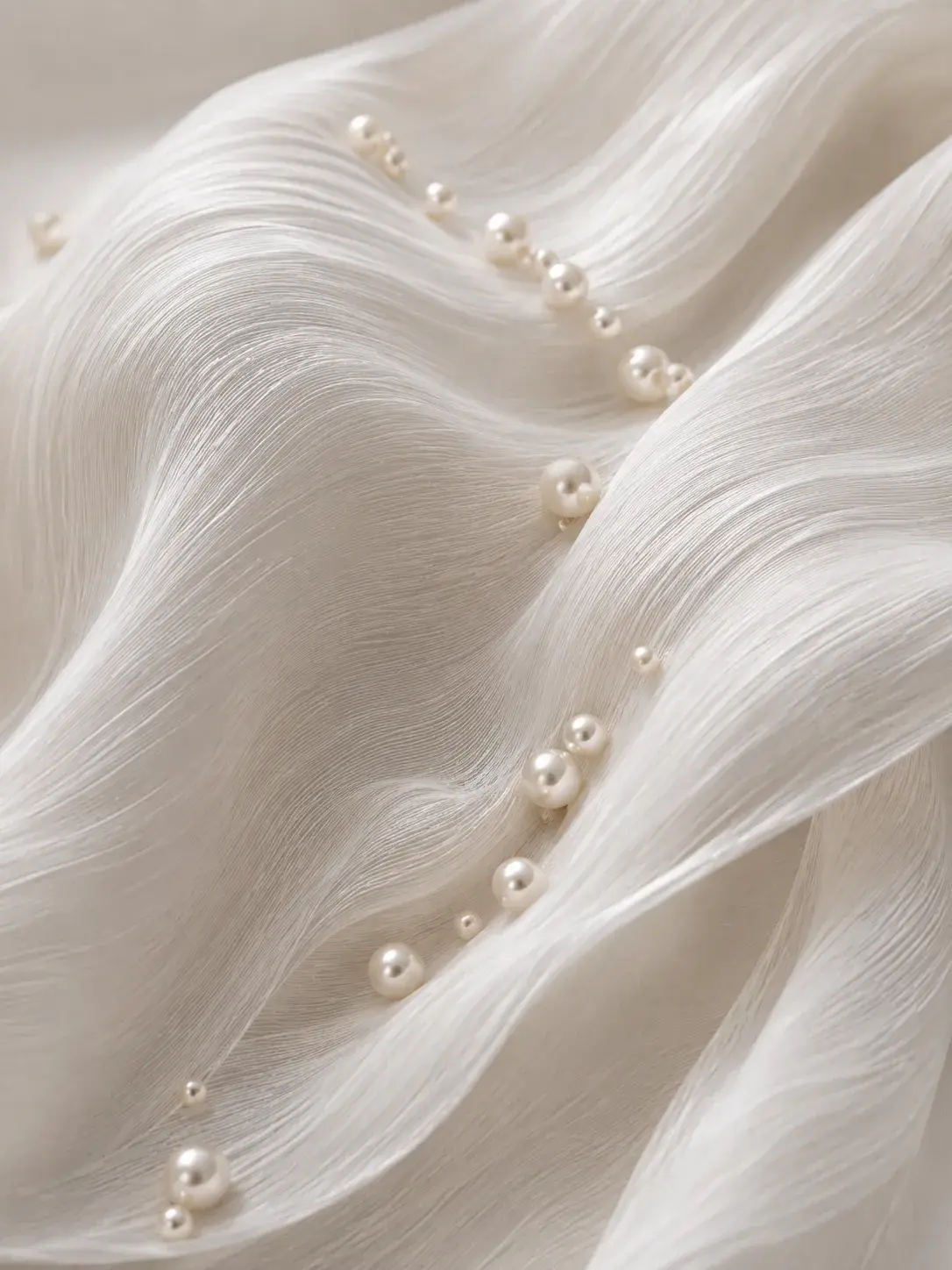 Tissu plissé ivoire en gros plan avec perles de tailles variées posées dans les creux des ondulations