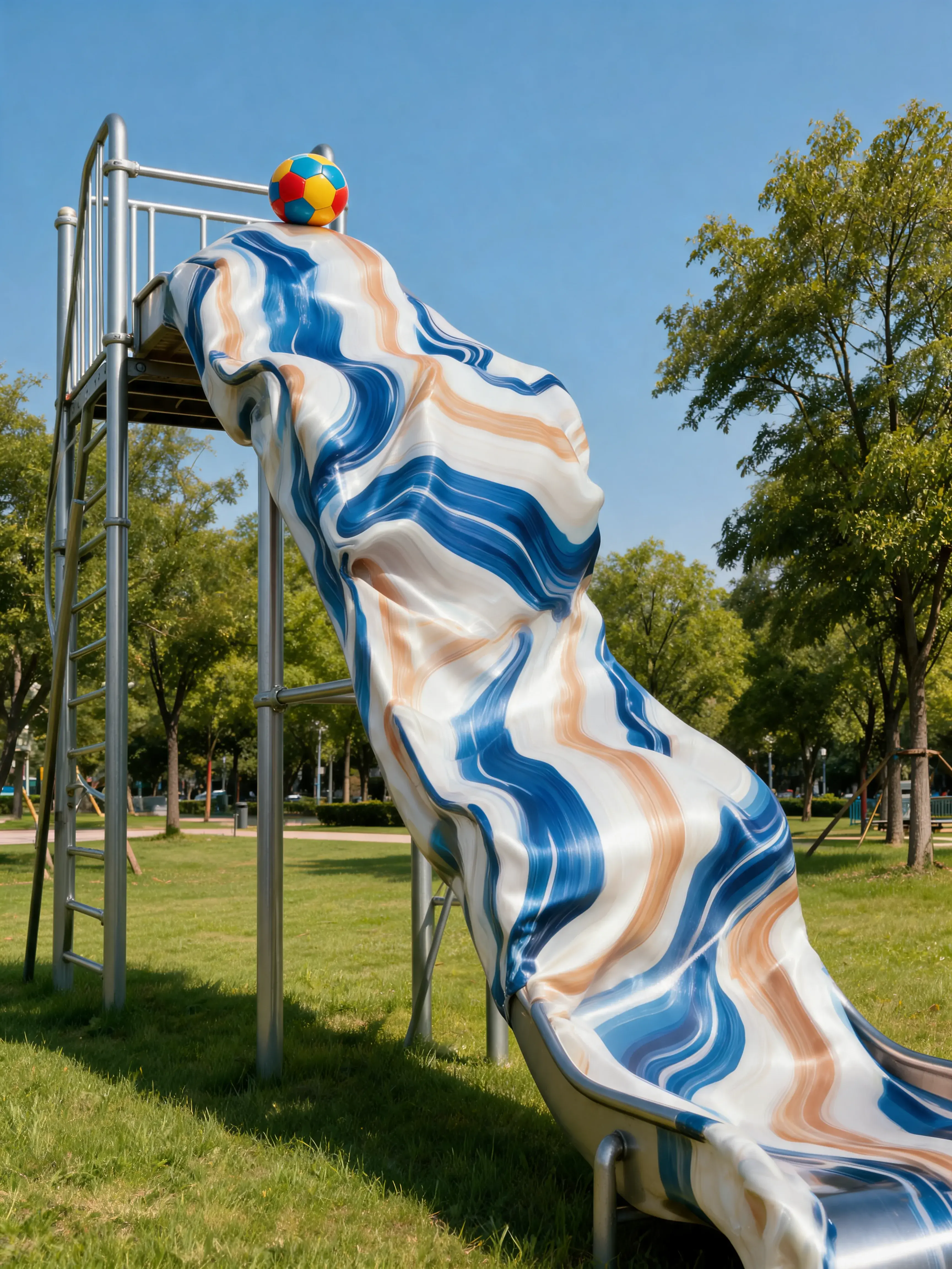 Toboggan de parc recouvert de matière marbré bleu et terracotta – structure métal, gazon, ciel bleu