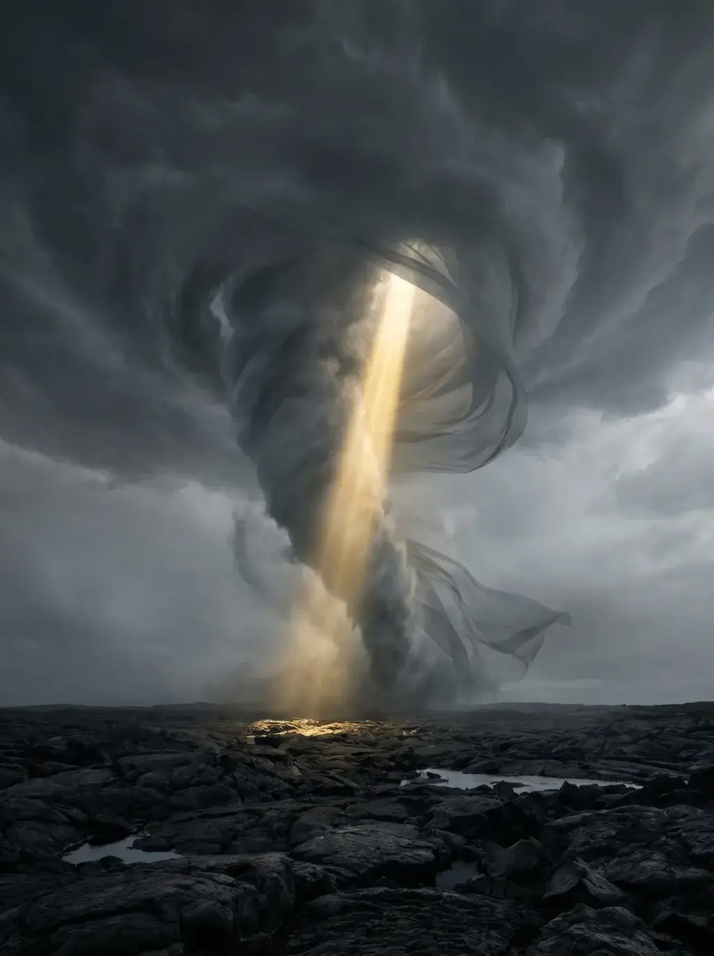 Tornade sombre avec rayon de lumière et voile gaze – paysage volcanique, flaques d'eau, ciel orageux
