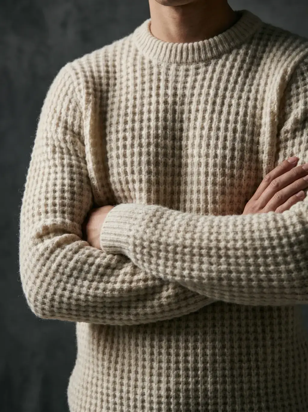 Torse en pull gaufré beige à grosses mailles avec bras croisés sur fond gris
