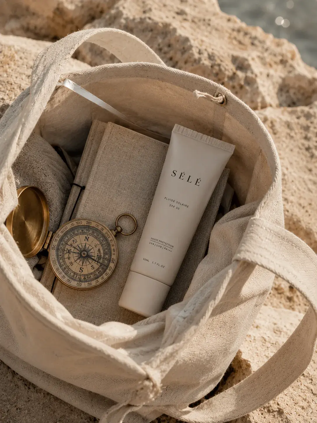 Tote bag toile beige sur rocher – tube crème solaire, carnet, boussole laiton, accessoires voyage