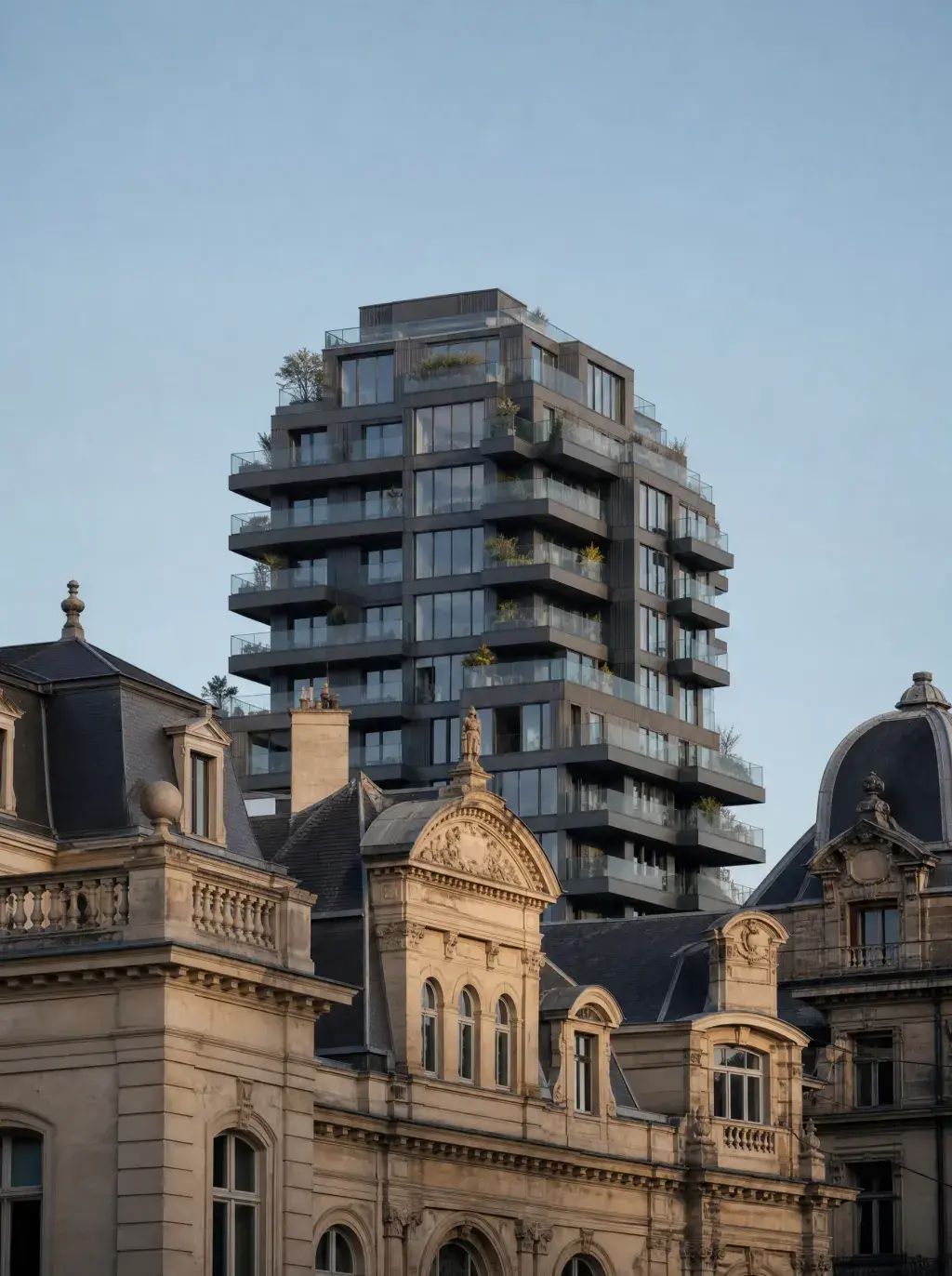 Tour résidentielle contemporaine avec terrasses verdoyantes se dressant au-dessus de toitures haussmanniennes