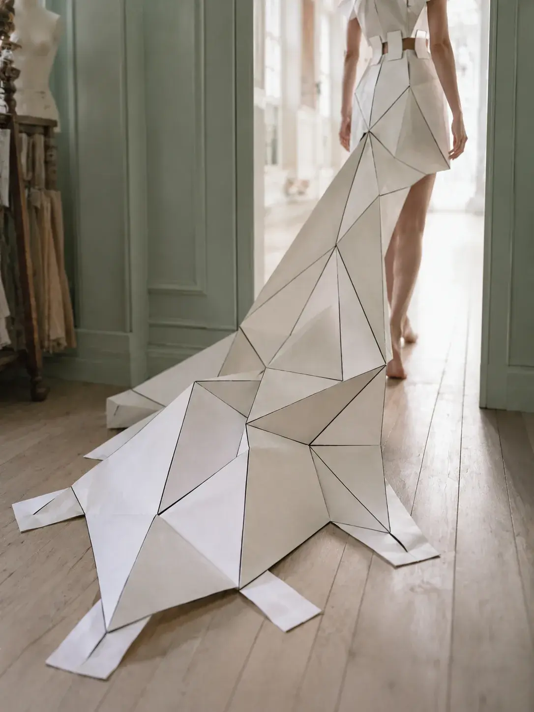 Traîne géométrique de robe origami sur parquet – jambes féminines en arrière-plan flou