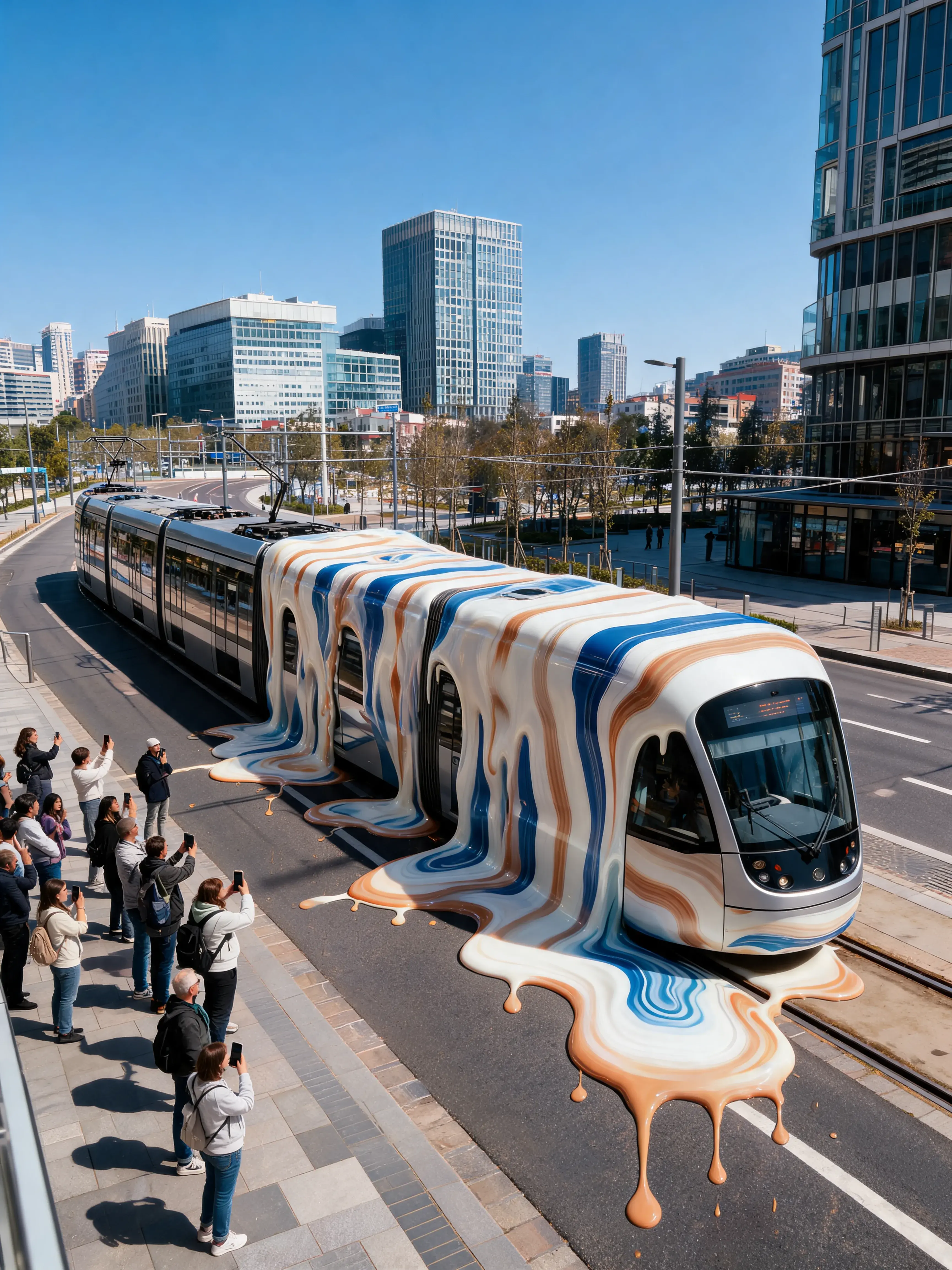 Tramway urbain recouvert de matière marbré coulante – spectateurs photographiant, rue, gratte-ciels