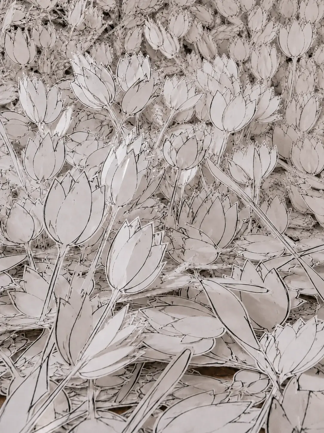 Très gros plan tulipes en papier découpé – illustration noir et blanc, accumulation florale
