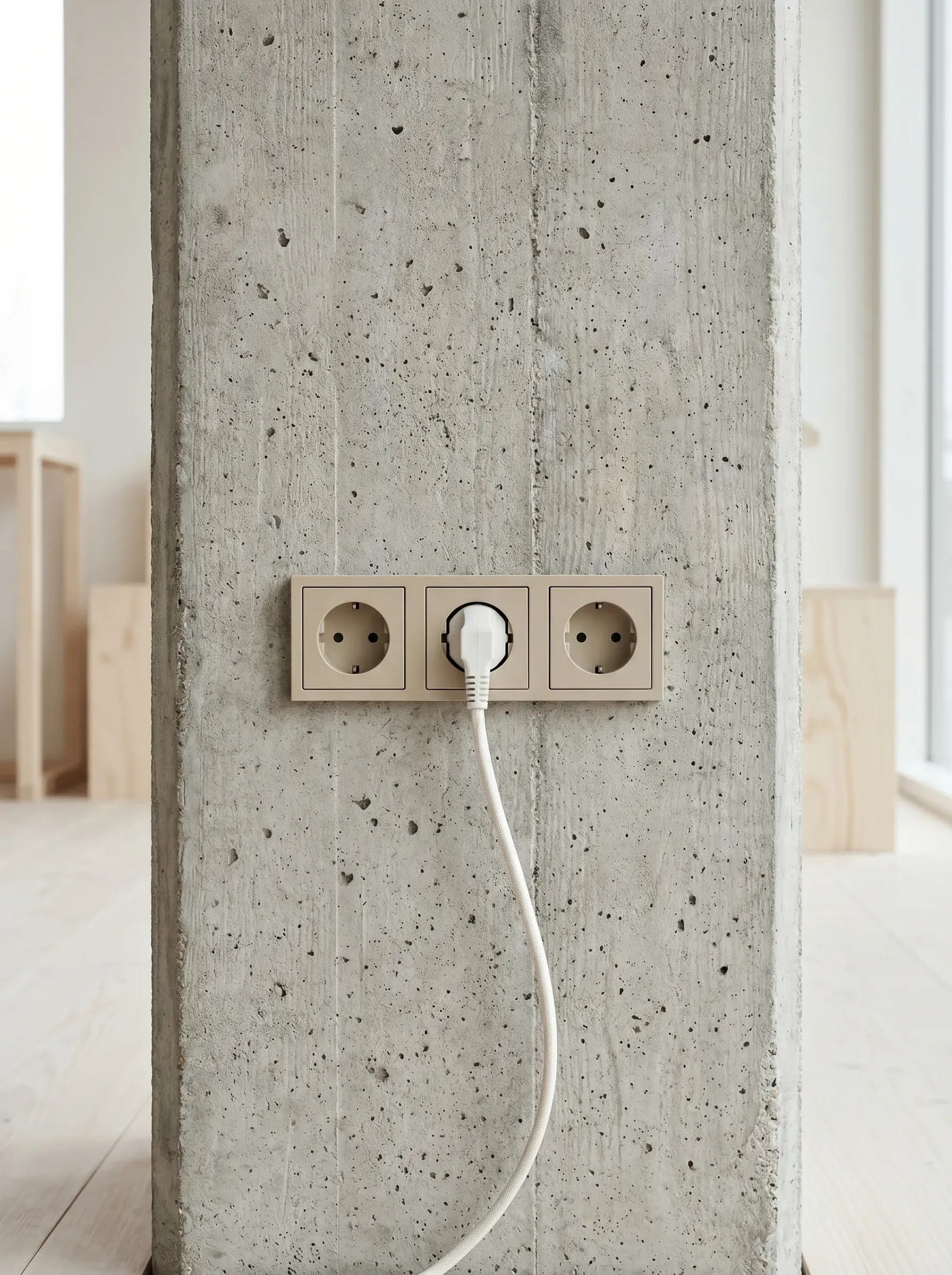 Triple prise beige avec fiche branchée sur un poteau en béton brut dans un intérieur lumineux