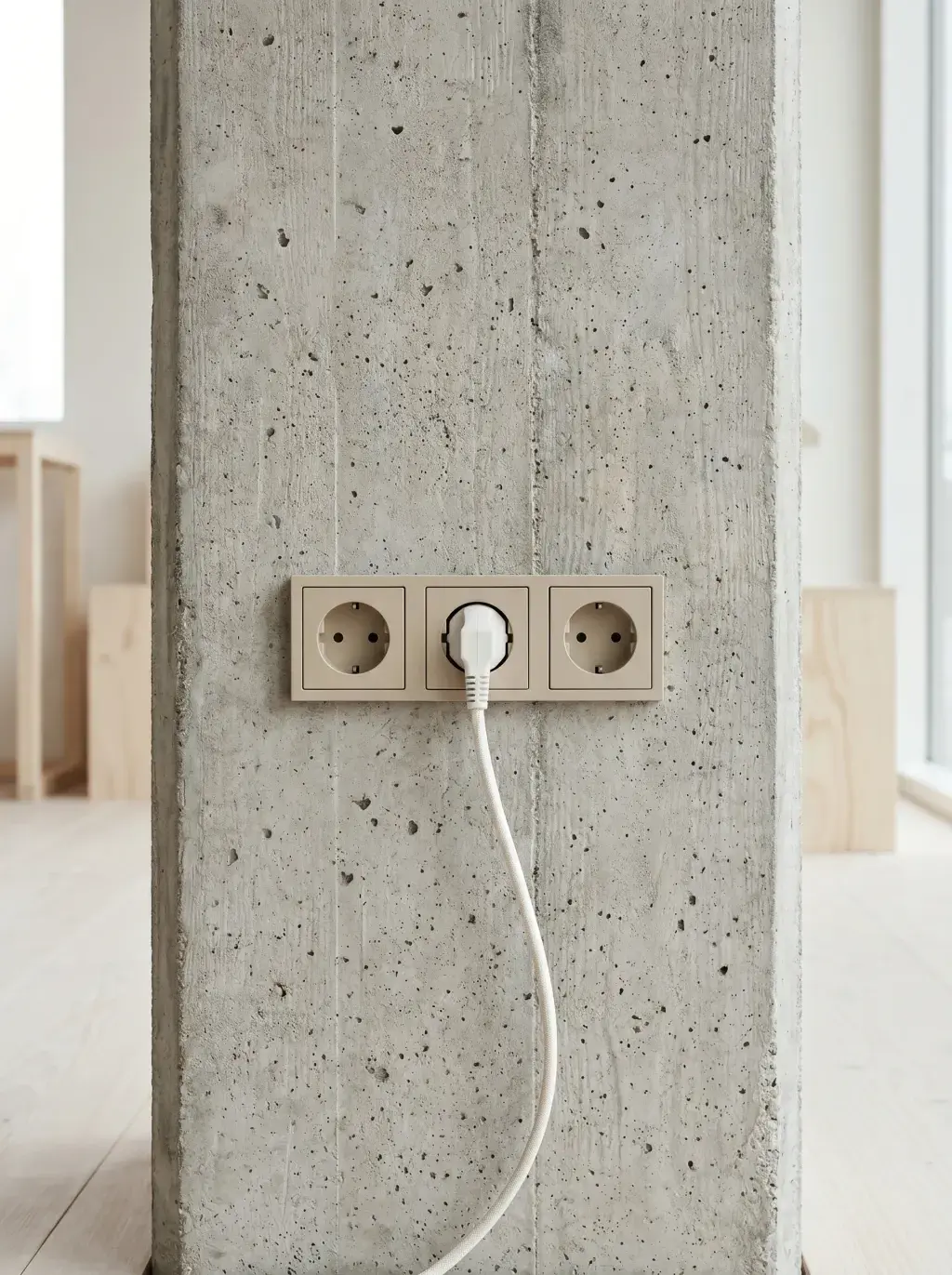 Triple prise beige avec fiche branchée sur un poteau en béton brut dans un intérieur lumineux