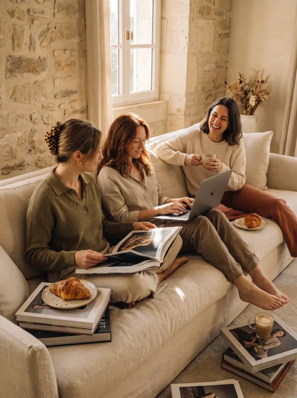Trois amies détendues sur un canapé avec laptop, magazines et croissants dans un salon cosy