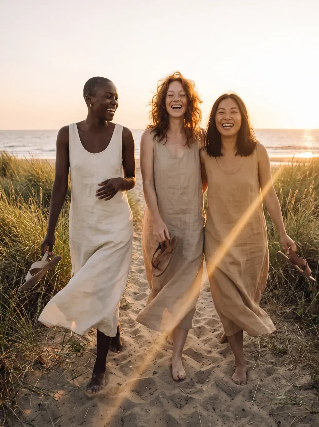 Trois amies marchant sur la plage en robes lin au coucher du soleil