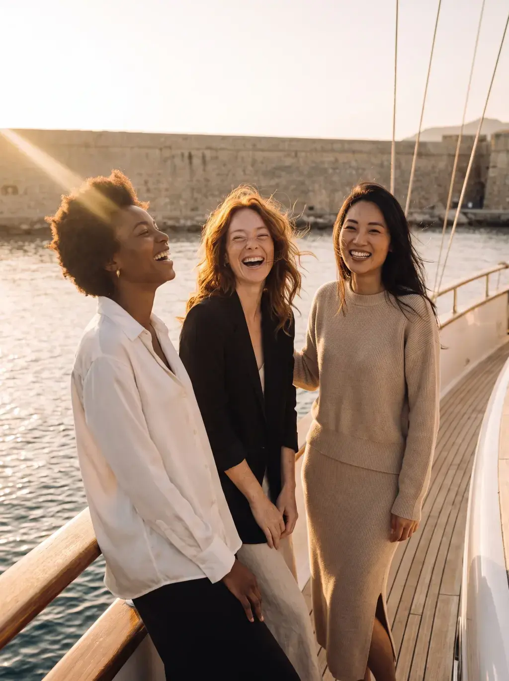 Trois amies riant sur le pont d'un voilier au coucher du soleil dans le port