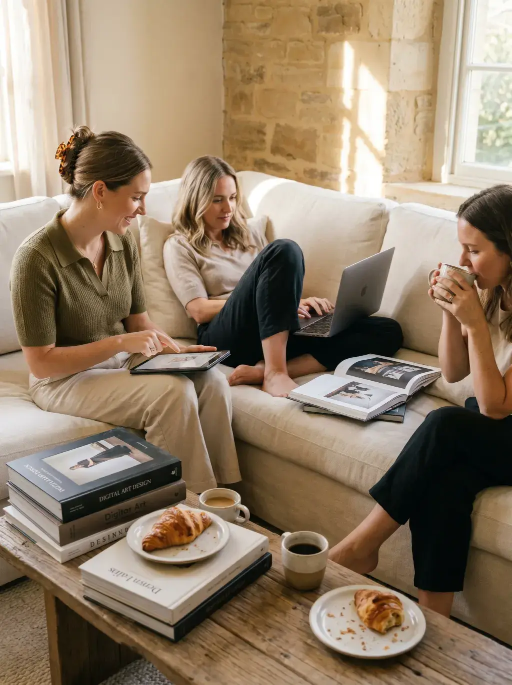 Trois amies travaillant ensemble détendu sur un canapé avec laptop et croissants