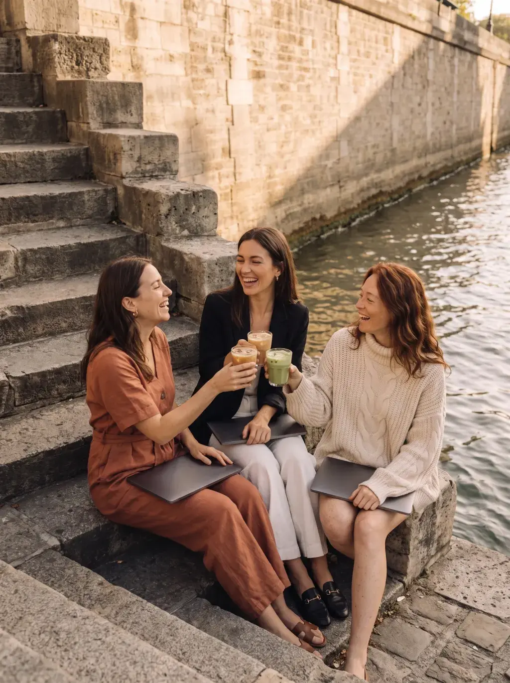 Trois amies trinquant sur les quais de Seine avec laptops