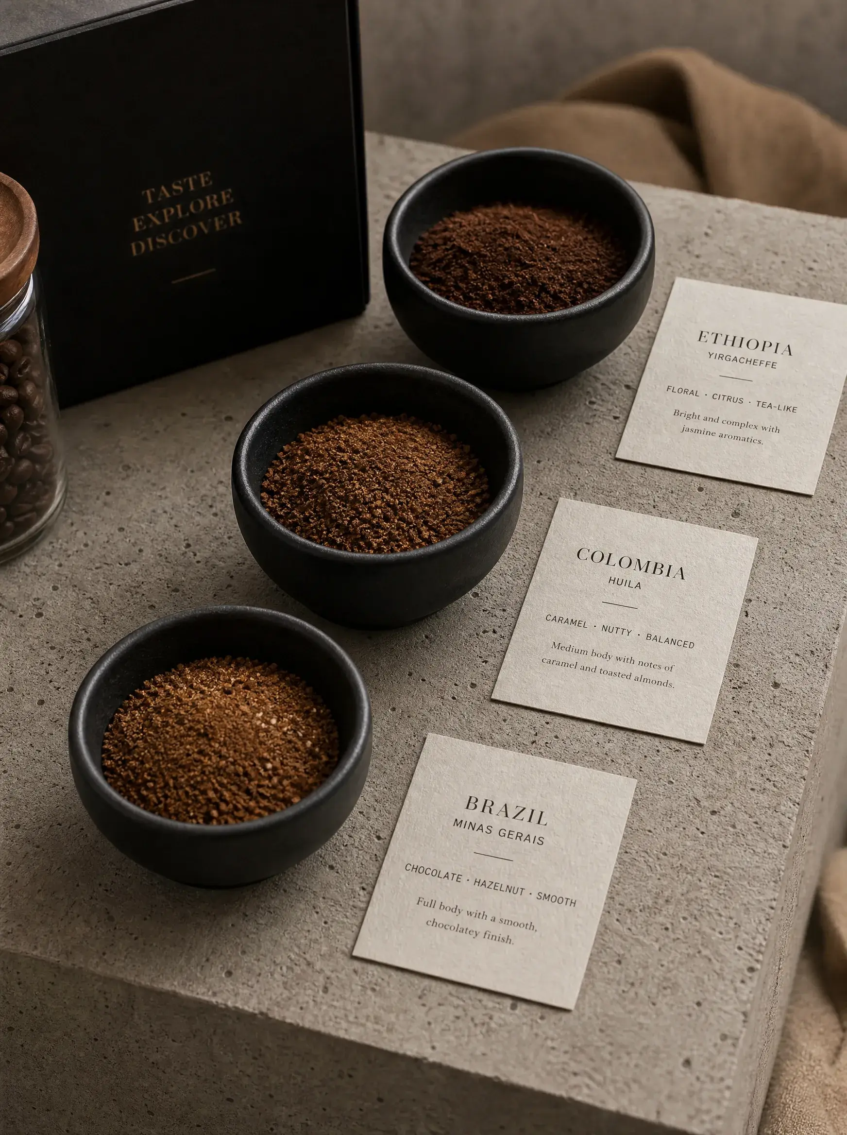 Trois bols café moulu de crus différents – étiquettes origines, boîte dégustation, comptoir béton