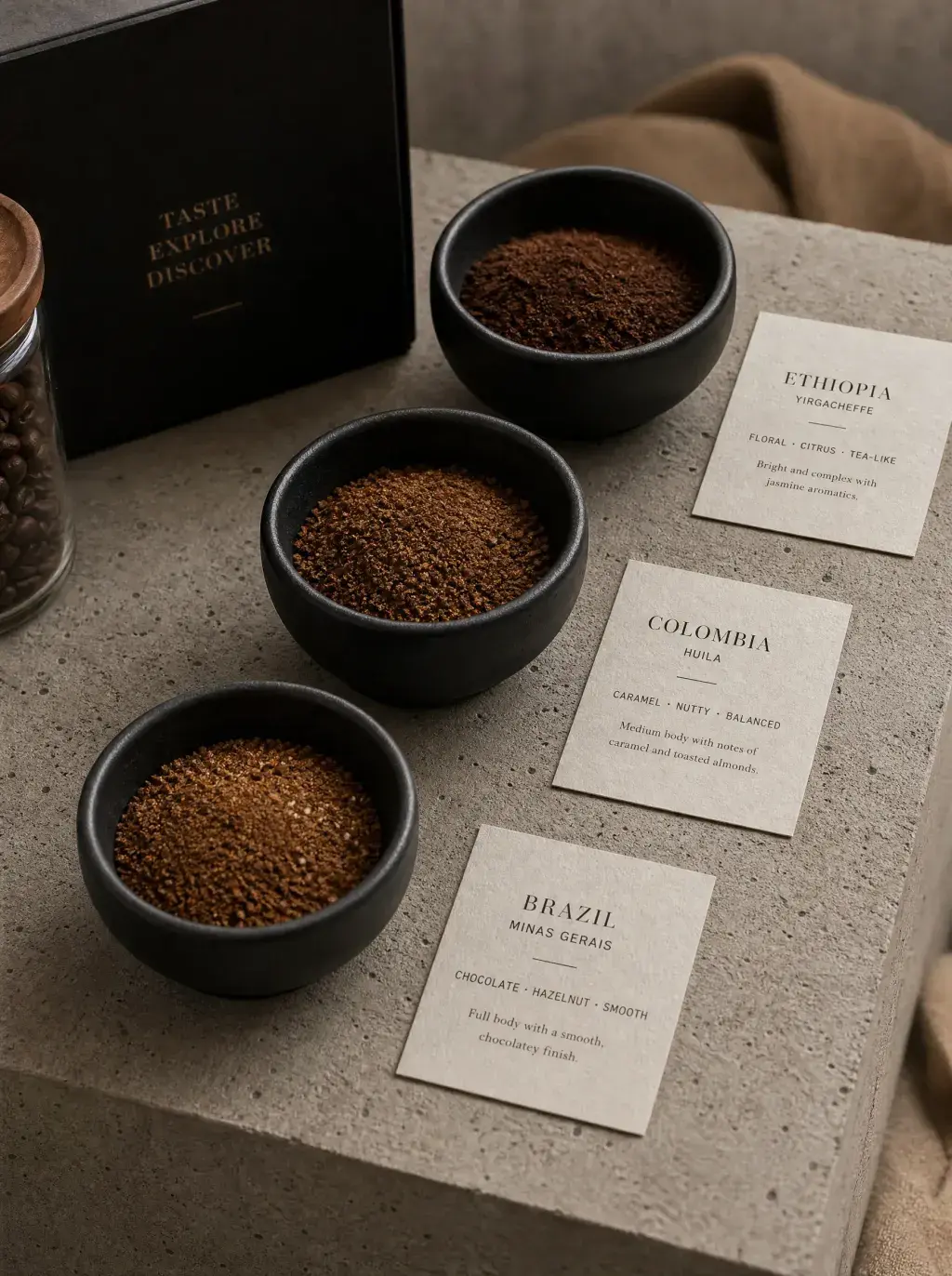 Trois bols café moulu de crus différents – étiquettes origines, boîte dégustation, comptoir béton