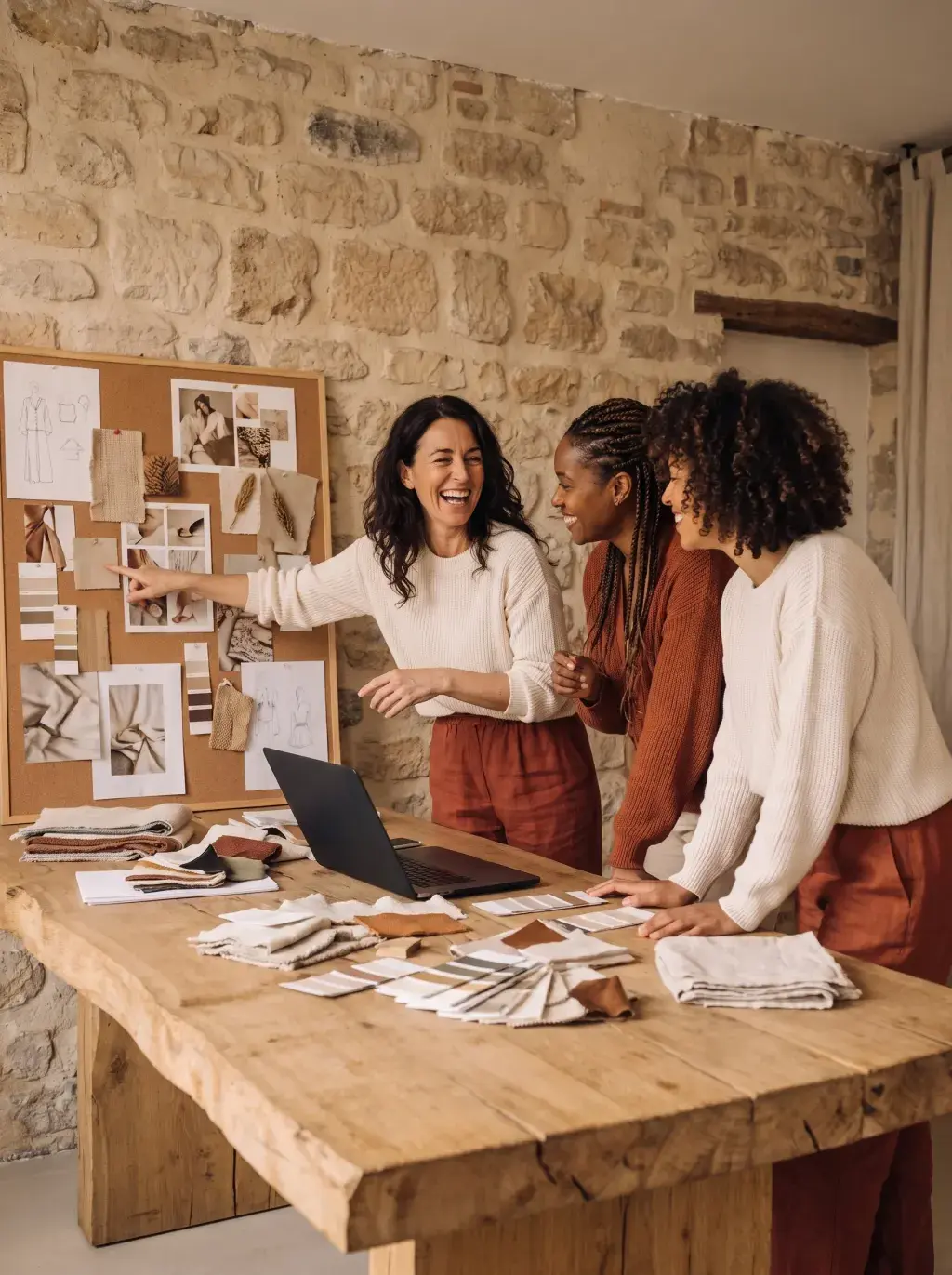 Trois créatrices travaillant sur un mood board dans un atelier en pierre avec laptop