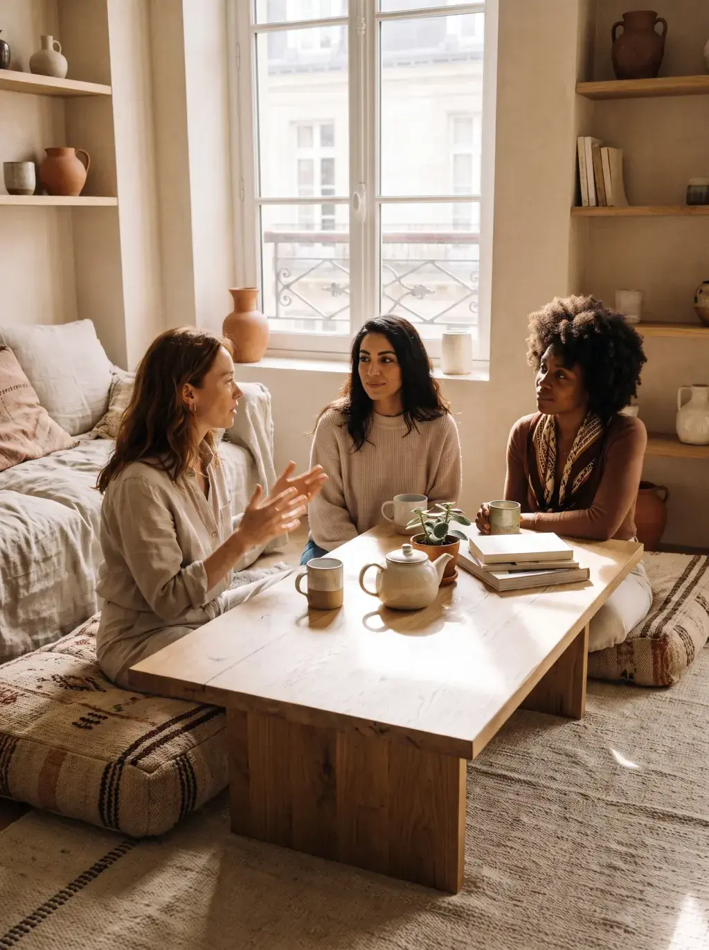 Trois femmes conversant autour d'une table basse avec du thé