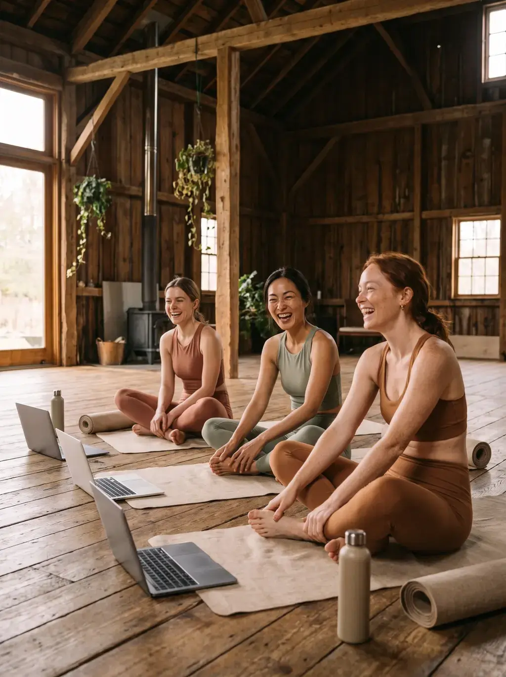 Trois femmes en cours de yoga en ligne riant devant un laptop dans un studio en bois