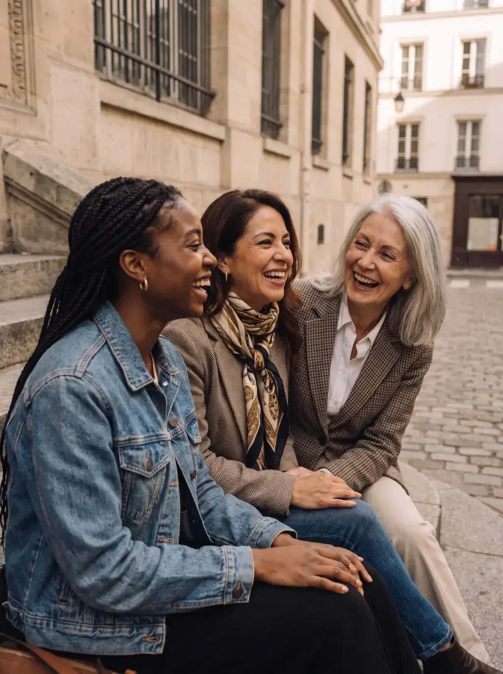 Trois femmes intergénérationnelles riant assises sur des marches pavées à Paris