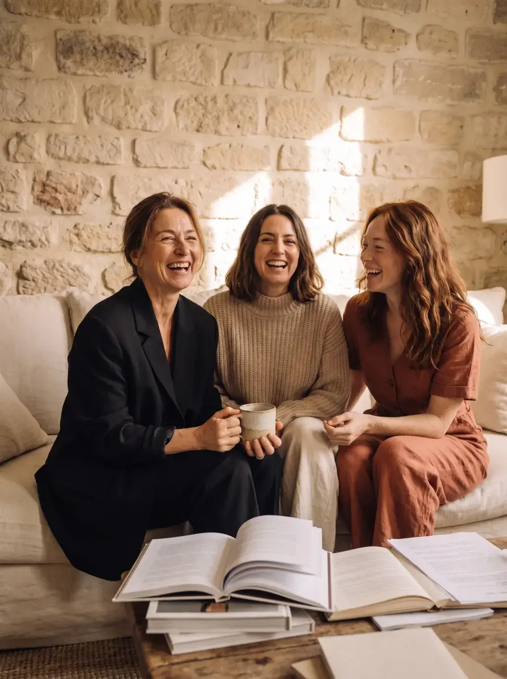 Trois femmes riant ensemble sur un canapé autour de livres ouverts