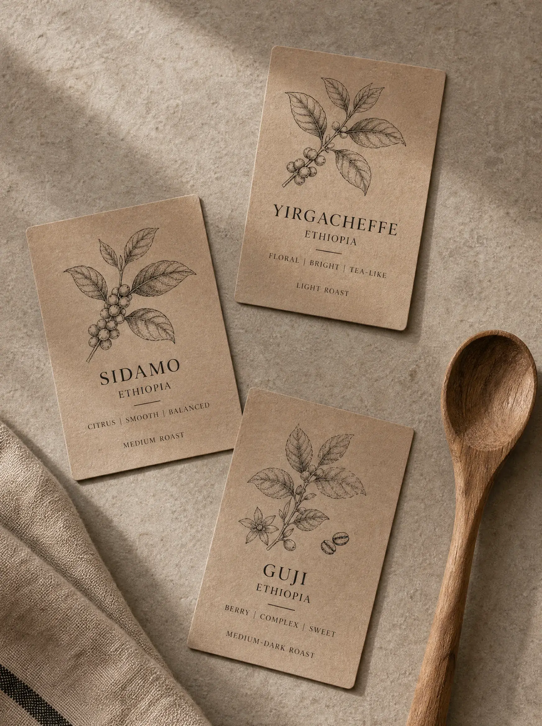 Trois fiches kraft illustrées de caféiers – crus d'Éthiopie, cuillère bois, nappe lin
