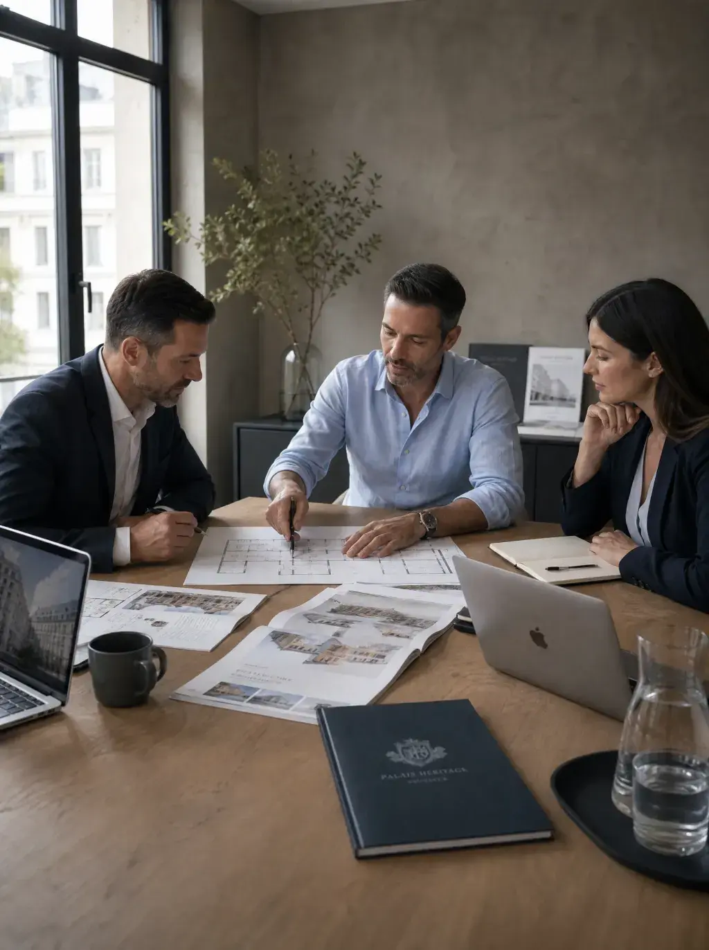 Trois professionnels Palais Heritage en réunion autour d'un bureau avec plans et MacBook