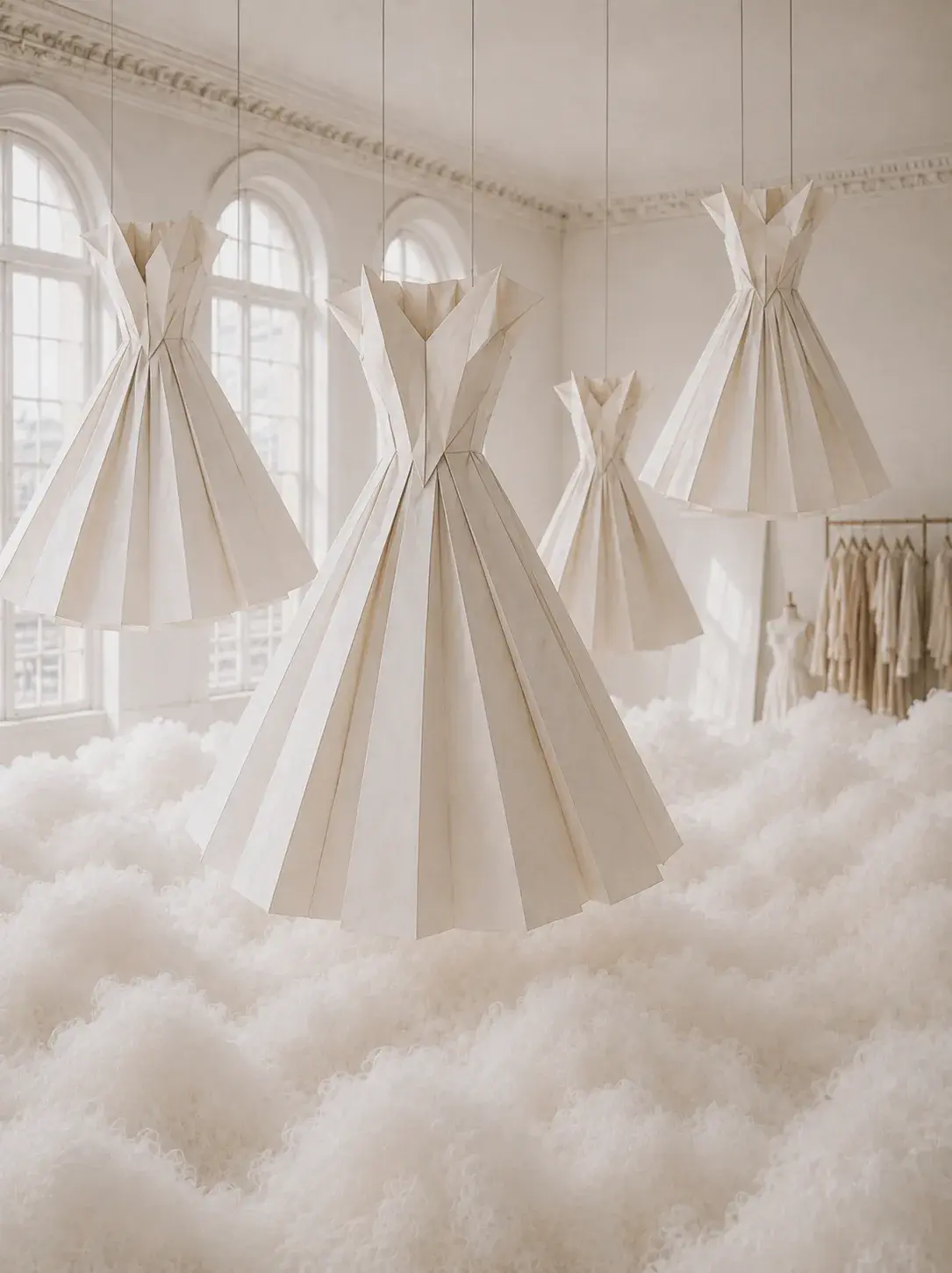 Trois robes origami suspendues sur mer de nuages – salon haussmannien blanc