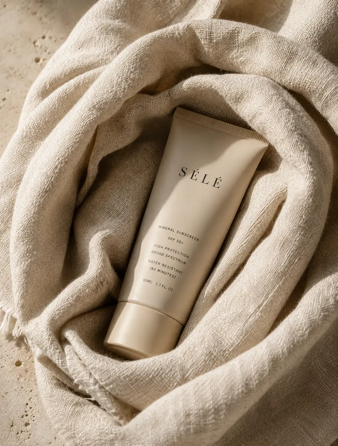 Tube crème solaire beige dans tissu lin grossier froissé – texture naturelle, lumière chaude