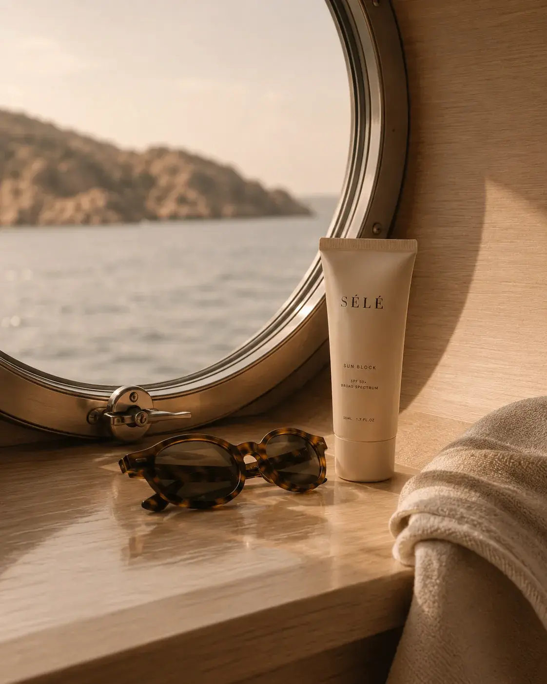 Tube de crème solaire sur rocher avec bol de sel marin en osier – décor côtier naturel