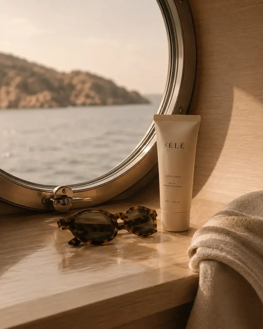Tube de crème solaire sur rocher avec bol de sel marin en osier – décor côtier naturel