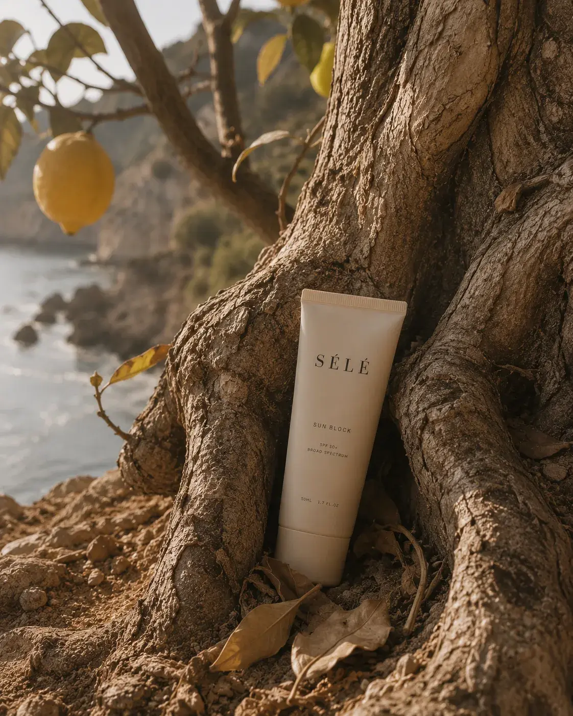 Tube de soin solaire calé dans un olivier – citrons jaunes et mer méditerranéenne en fond