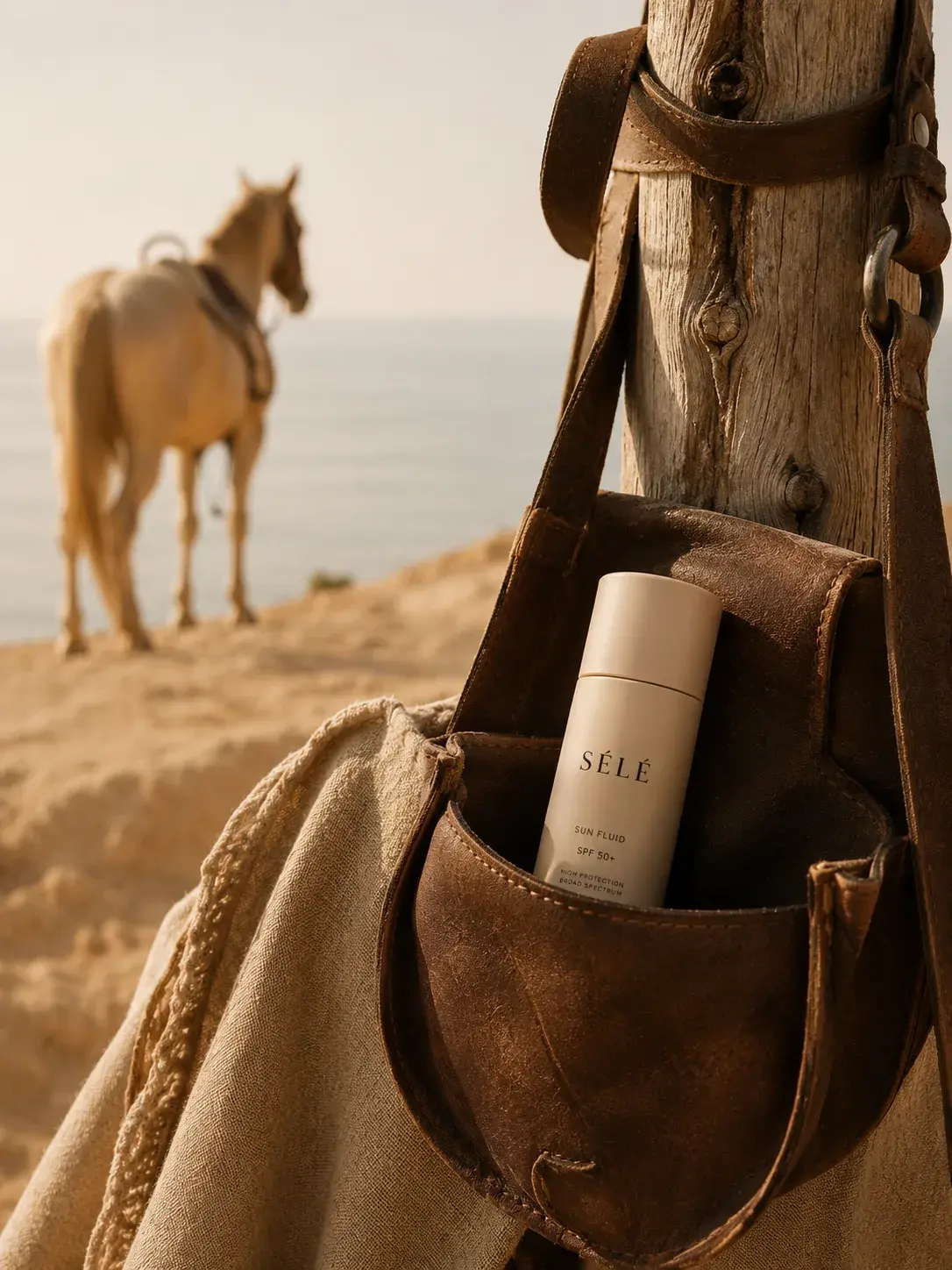 Tube de soin solaire dans sacoche en cuir – cheval flou et paysage côtier en fond