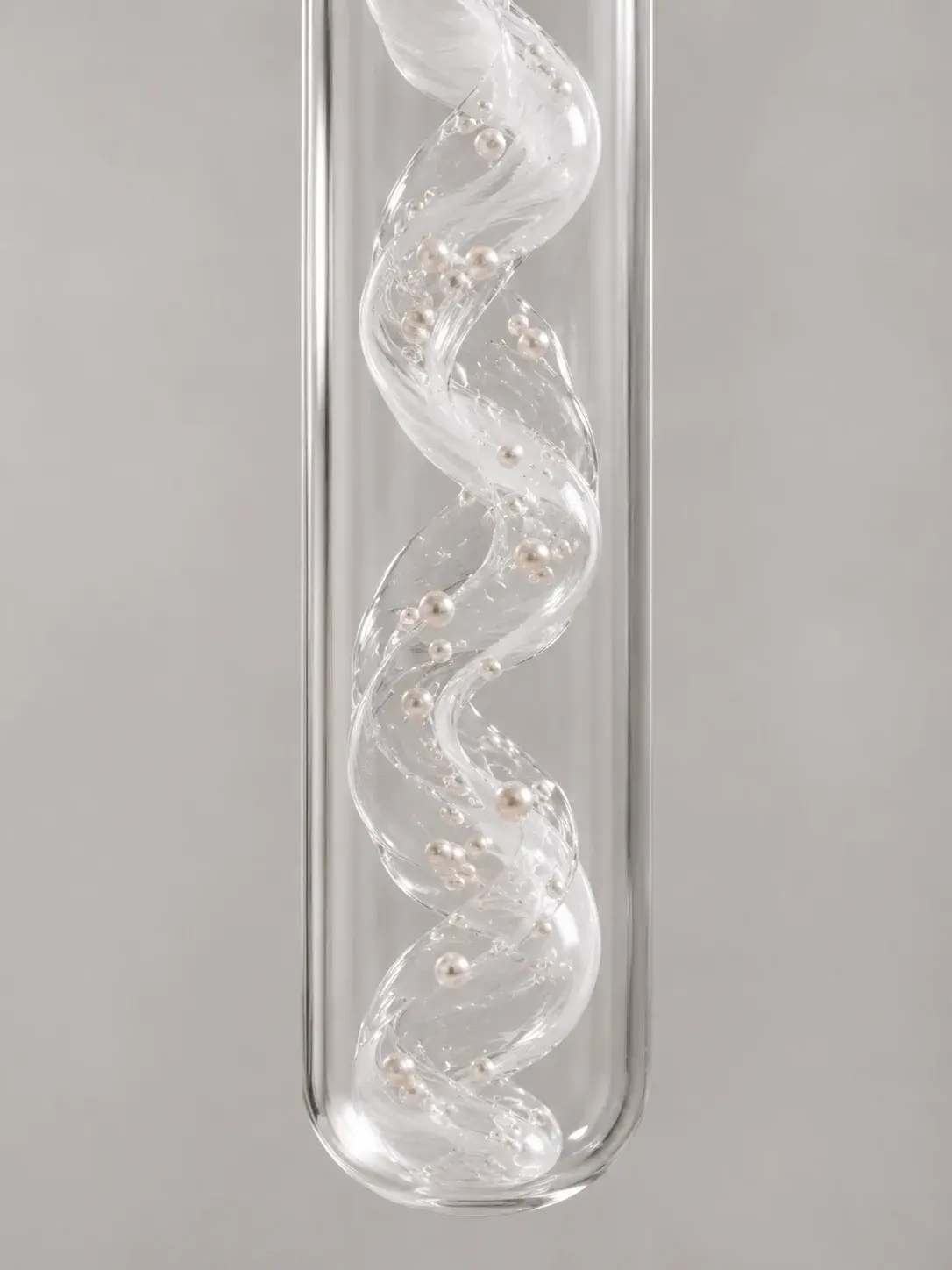 Tube en verre renfermant une spirale hélicoïdale en verre avec perles, structure ADN nacrée